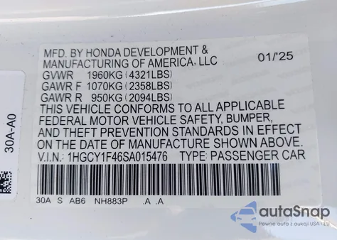 2025 Honda Accord Se из США, поврежденный, VIN 1HGCY1F46SA015476